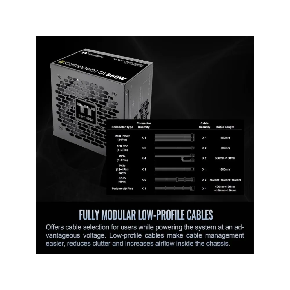 THERMALTAKE PSU Toughpower GT 850W 80 PLUS GOLD, ATX 3.1, fully modular, PCIe 12V-2x6 (12+4 pin)