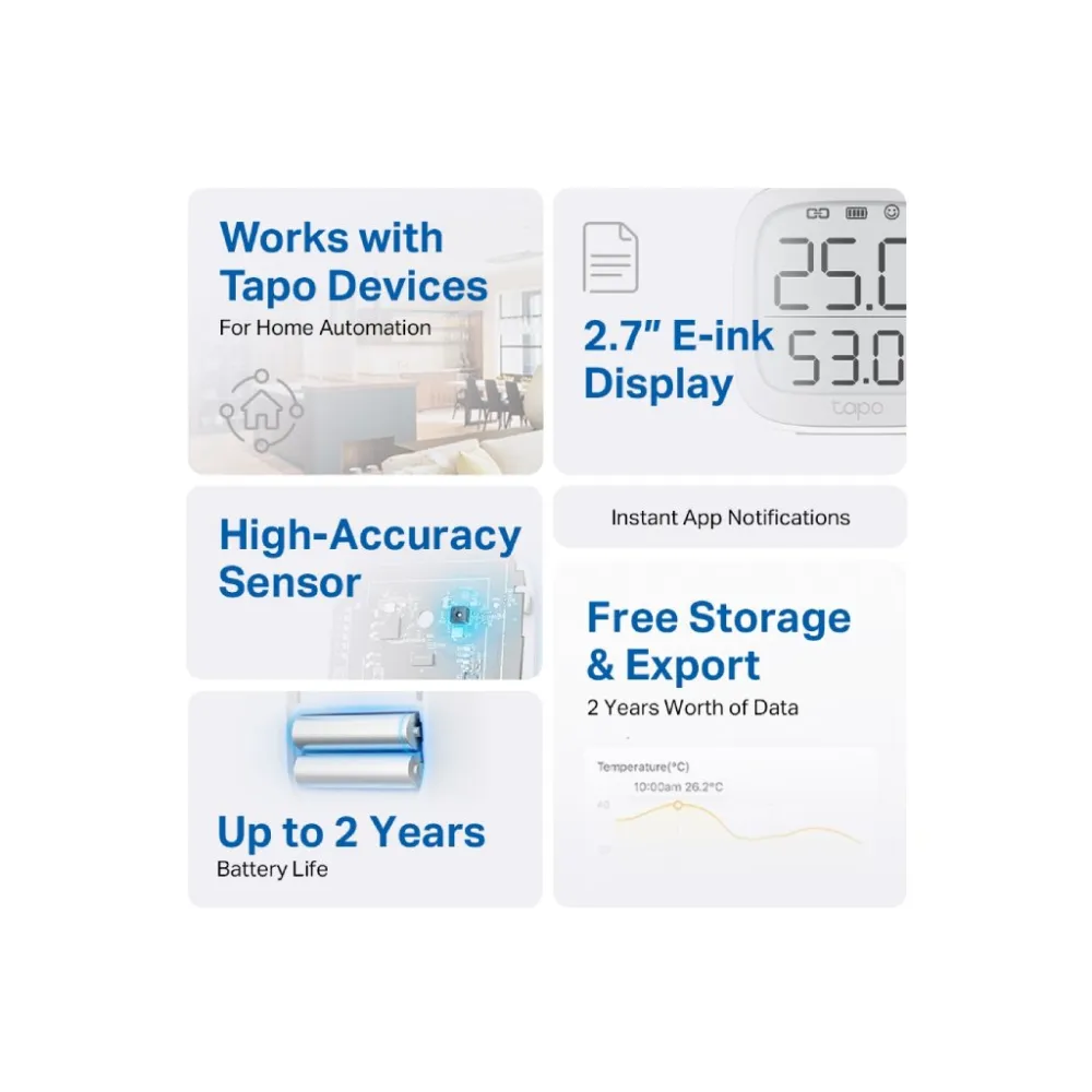 TP-LINK TAPO T315 Smart Temperature & Humidity Monitor, Real-Time Monitoring, 2.7 E-ink Display
