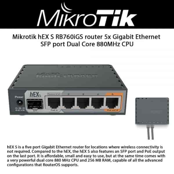 Router hEX S (RB760iGS) 5x Gigabit Ethernet, SFP, Dual Core 880MHz CPU, 256MB RAM, USB, microSD, RouterOS L4, IPsec hardware encryption support and The Dude server package