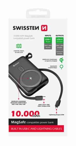 Powerbank 10 000 mAh 20W, built-in cables USB-C and Lightning, Magsafe compatible