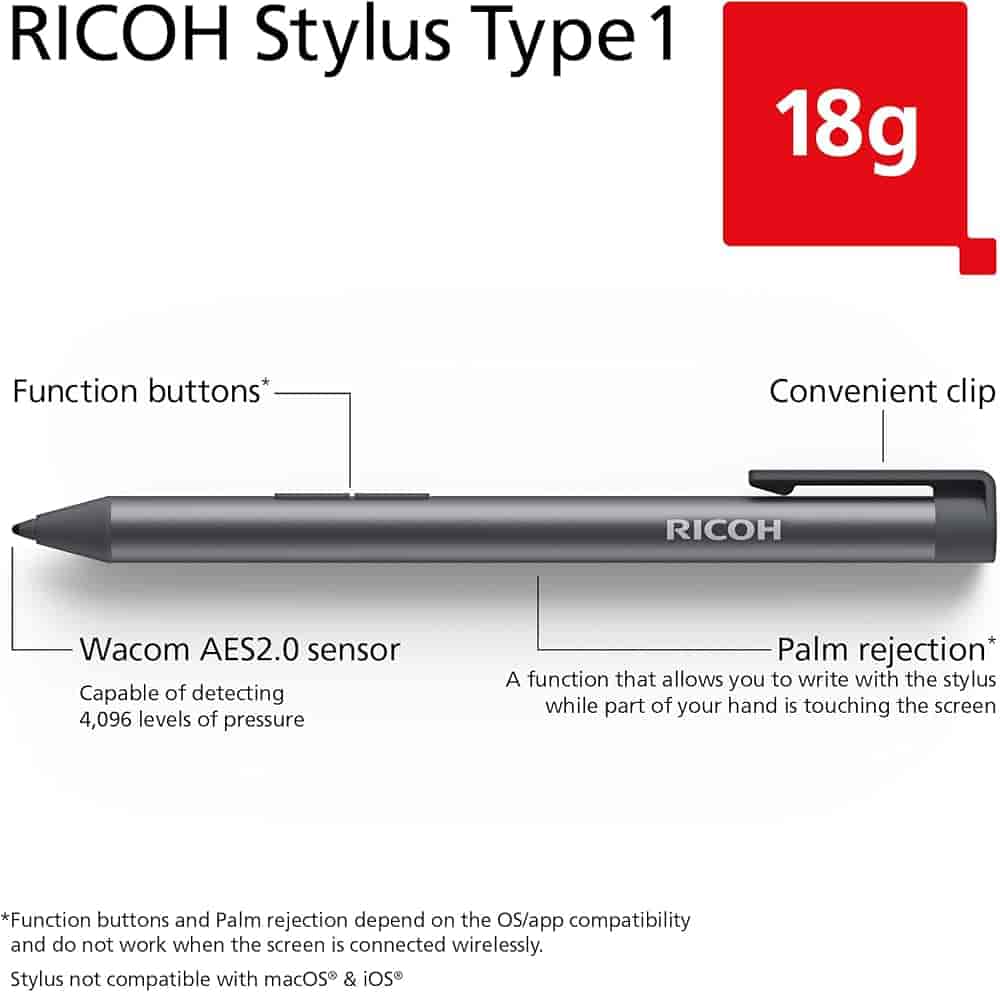 Ricoh Active Stylus for RICOH portable monitors Type1, 18g, Wacom AES2.0 sensor, 4096 pressure detection, AAAA Battery-powered