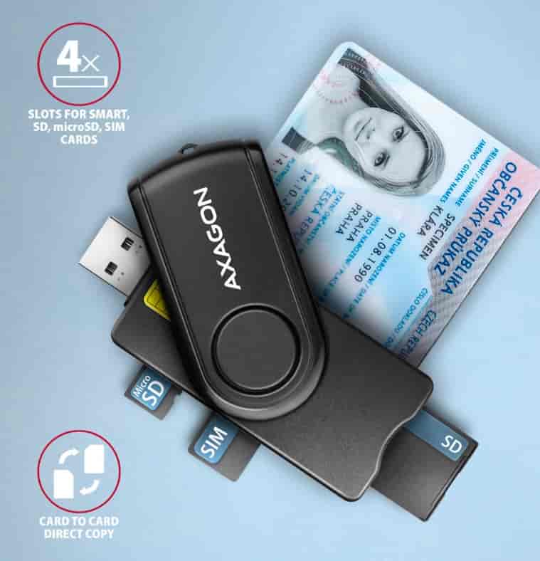 Axagon kompaktni putni USB-A + USB-C kontakt Smart / ID kartica i čitač SD / microSD / SIM kartica.