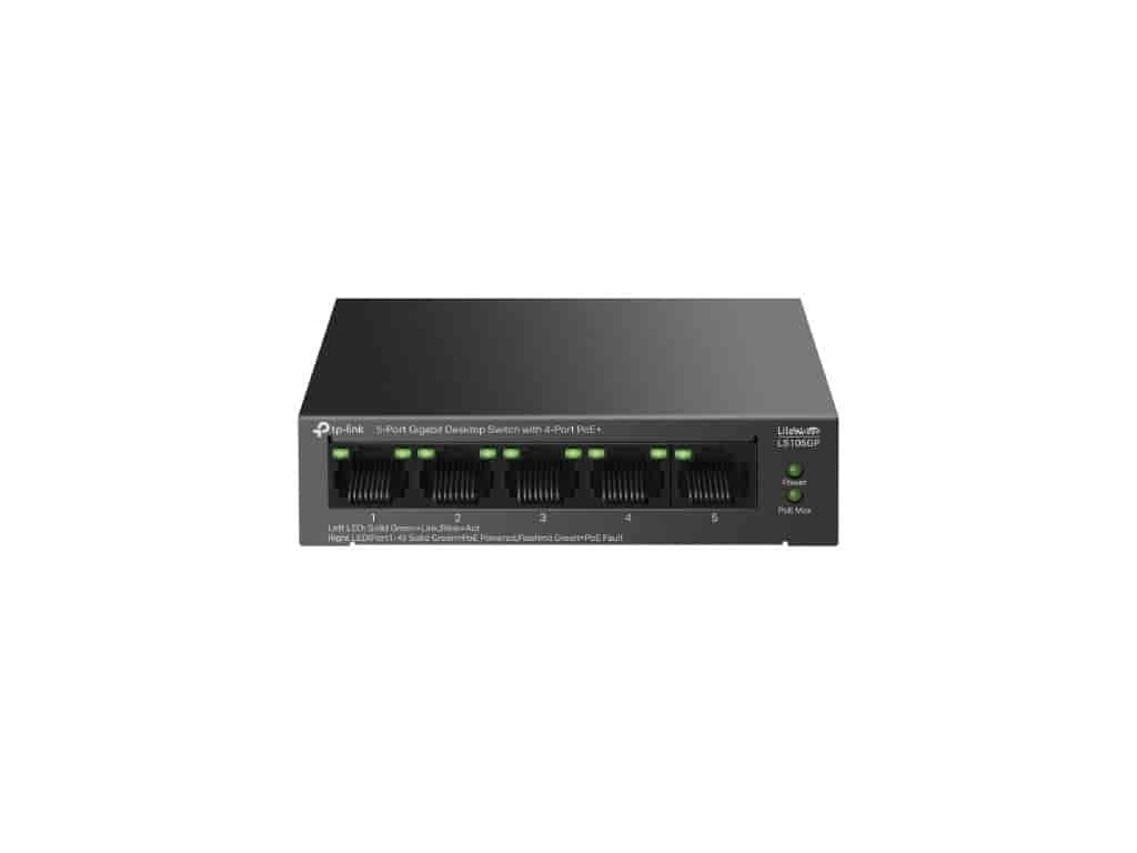 TP-LINK LS105GP 5-Port Gigabit Desktop Switch with 4-Port PoE+ , 65 W PoE Budget, Metal Casing