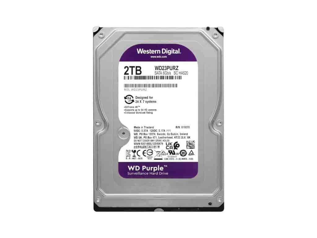 WD PURPLE HDD 2TB Surveillance, 64MB cache, 5400 RPM, up to 175MB/s transfer rate, 24/7