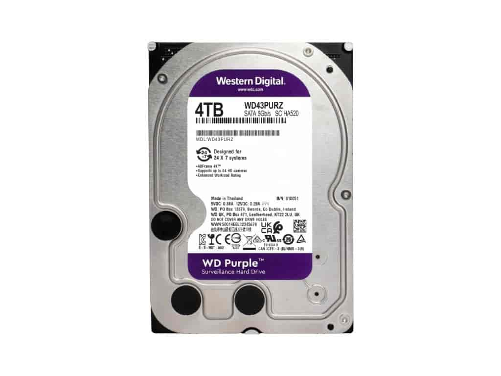 WD PURPLE HDD 4TB Surveillance, 256MB cache, 5400 RPM, up to 175MB/s transfer rate, 24/7