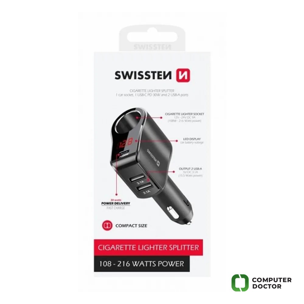 Swissten CAR CHARGER ADAPTER, CIGARETTE LIGHTER 1x CL, 1x USB-C PD, 2x USB-A, OUTPUT POWER 108W - 216W
