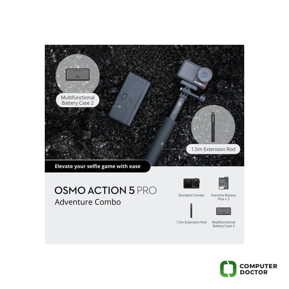 DJI Osmo Action 5 Pro Adventure Combo - 1.5m Extension Rod, 2x Extreme Battery + Battery Case