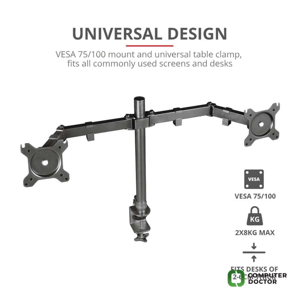 TRUST GXT 1120 Mara Dual Monitor Arm, VESA 75x75mm, 100x100mm, max 2x8kg weight, up to 32"