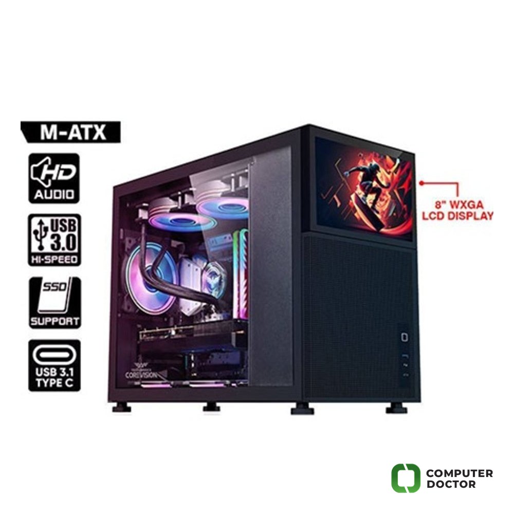 TESSARAXX COREVISION Black, Gejmersko kuciste, MB: MATX/ITX, Temperirano bocno staklo,8" WXGA LCD display, 1 x USB 3.0, 1 x Type-C,1 x HD Audio port, 1 x 2.5" SSD, 1 x 3.5", Podrska za 7 x 12cm ventilatore ( nijesu ukljuceni u pakovanje)Boja: Crna