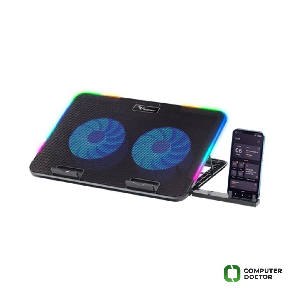 VENDAVAL G2 RGB Black postolje za lap top do 15.6" sa kulerom, 2xUSB port, 8-nivoa podešavanja visine, Dimenzije ventilatora:125 x 125 x15 x2kom, Ventilator: 125 mm (RGB), Ugradjeni držač za telefon, Nivo buke: 25,5 dBA (min), Napon: DC 5V, Boja: CRNA