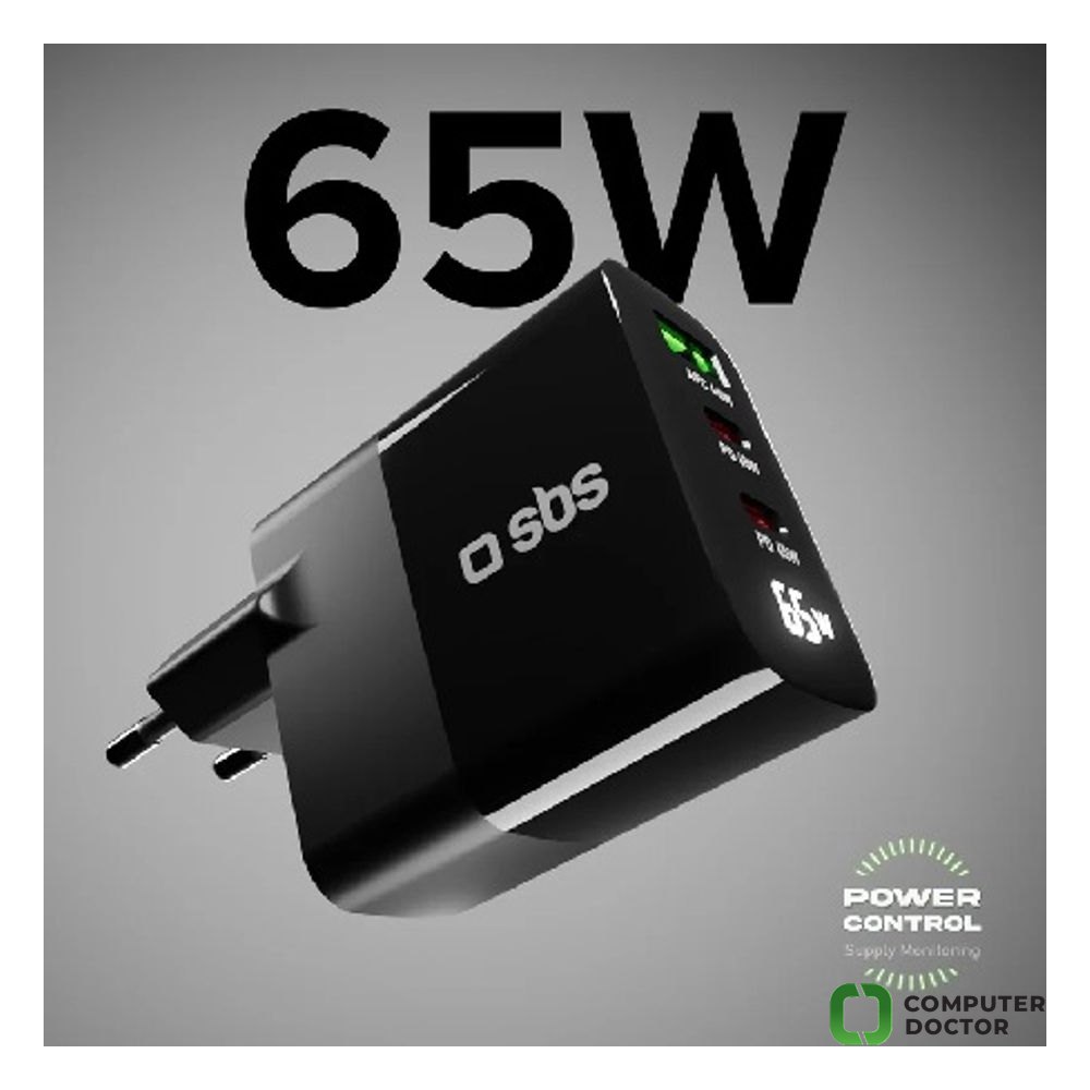 GAN punjac 65W sa LCD ekranom, 2x65W USB-C ( maksimalna pojedinacna snaga izlaza), 1x60W USB-A Adaptive Fast Charge output, mogucnost punjenja 3 uredjaja odjednom,