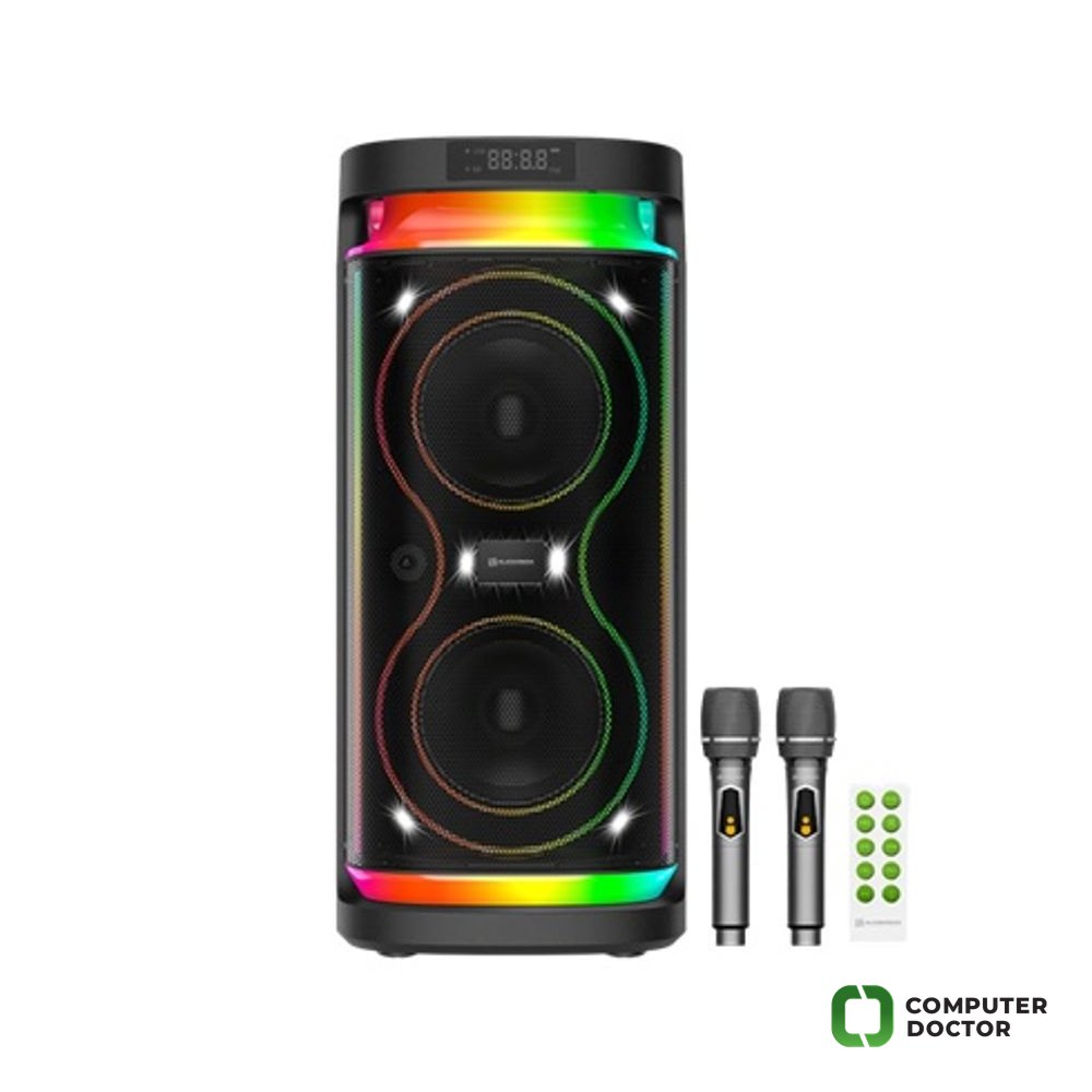 AUDIOBOX BBX 1300 Bluetooth USB prenosni zvučnik s 2 bežična mikrofona, BT domet 10m, 110W, 2x20W RMS 3000mAh punjiva baterija, 3.5mm audio input