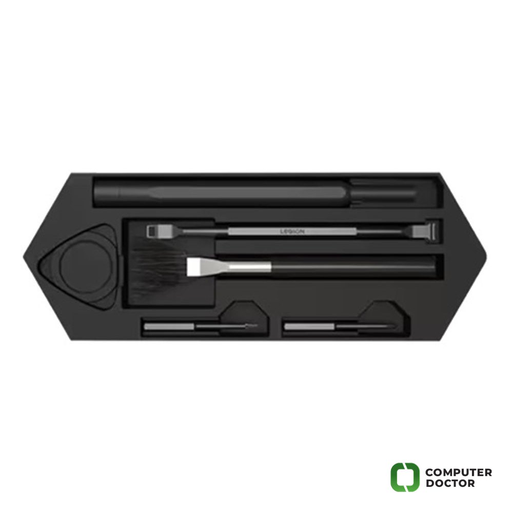 Lenovo Legion Cleaning & Tool Kit komplet sadrži sve alate za čišćenje Legion uređaja, uključujući odvijač, nastavke T5 i PH0, dvostrani alat za skidanje tastera, četku, plastični otvarač i krpu za čišćenje