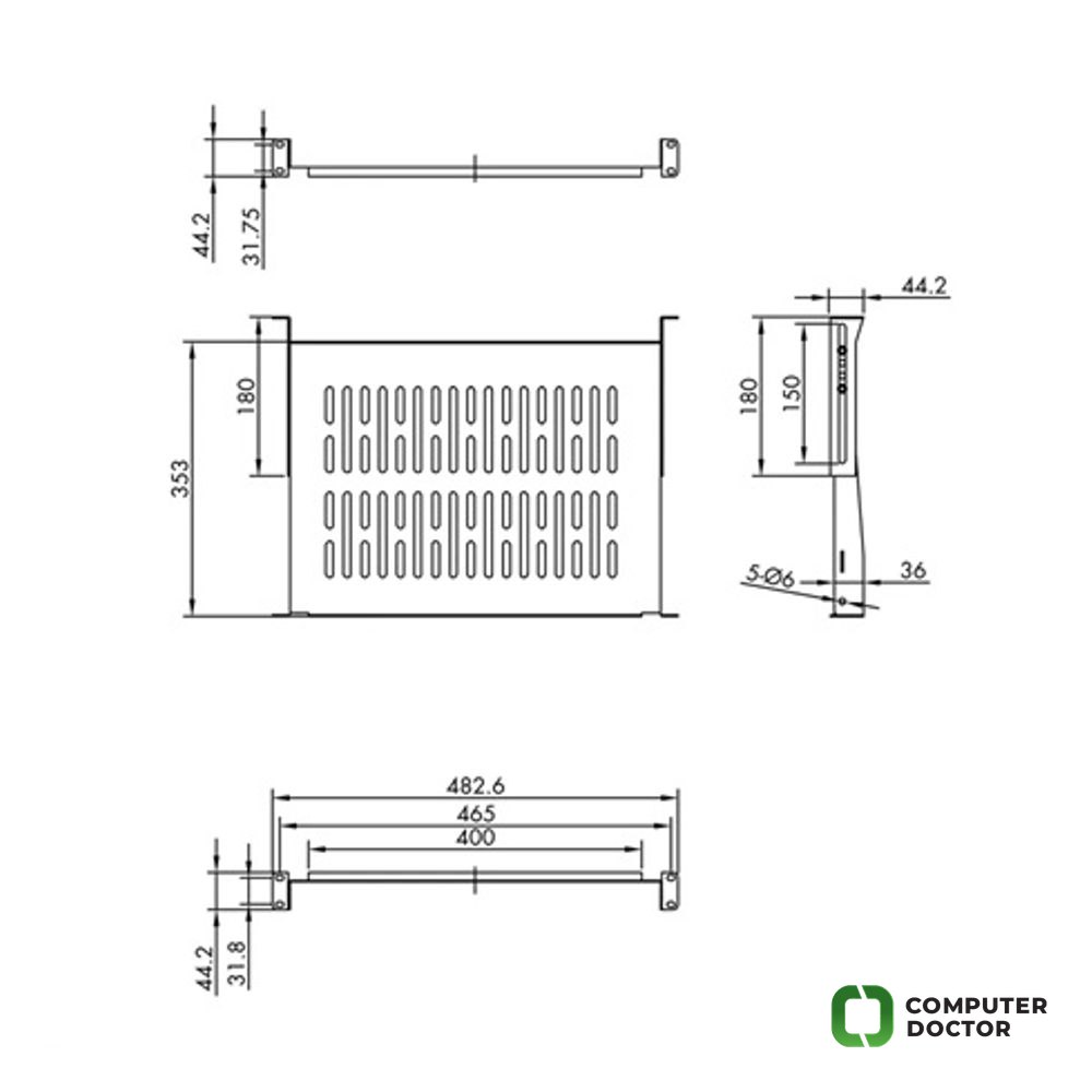 Polica fiksna za 19" rack, 1U, 485mm x 350mm, pogodna za rack-ove do 600mm dubine, nosivost do 25kg, crna