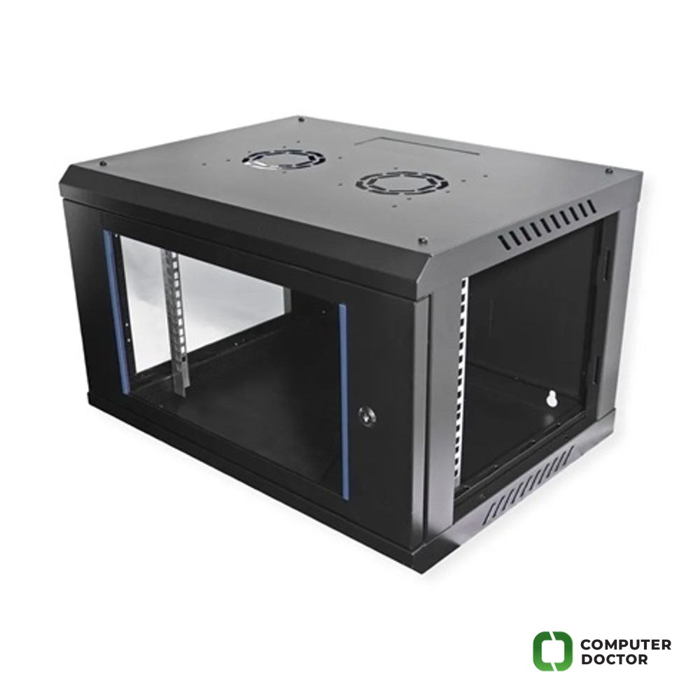 Value 19" nazidni rack, 6U (V379 × Š600 x D450mm),prednja vrata od kaljenog stakla, sa bravom, moguće provlačenje kabla kroz krov i pod, uključuje montažnu opremu
, IP20 zaštita,
flatpack pakovanje, max 80 kg, crni