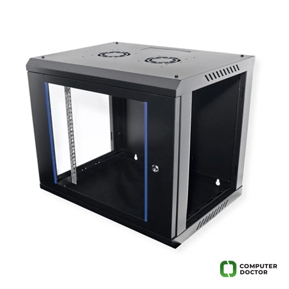 VALUE 19" nazidni rack, 9U (V512 × Š600 x D450mm),prednja vrata od kaljenog stakla, sa bravom, moguće provlačenje kabla kroz krov i pod, uključuje montažnu opremu, IP20 zaštita, flatpack pakovanje, max 80 kg, crni
