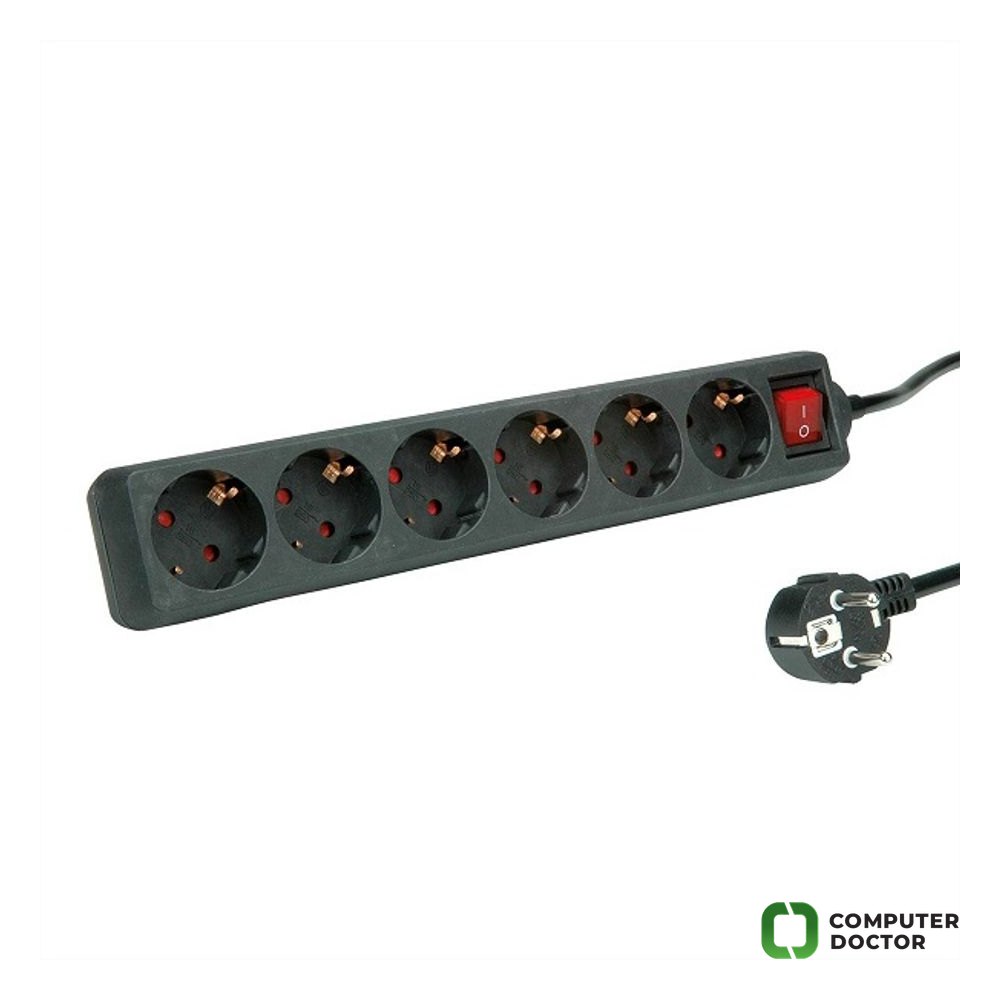 Produzni kabal sa 6 uticnica i osvijetljenim dvopolnim prekidacem 6m, max. cap. 3600W, max volt. 250V AC - crni
