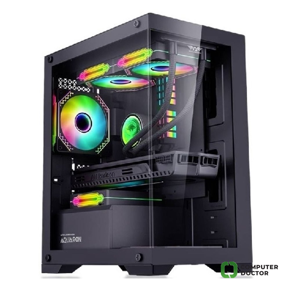 AQUARON PRO, Gejmersko kuciste, MB: ATX, Temperirano prednje i bocno staklo, 1 x USB 3.0, 1 x USB 2.0,1 x HD Audio port, 1 x Microphone port, 3  x 2.5" SSD,1 x 3.5", Podrska za 4 x 12cm ventilatore ( nijesu ukljuceni u pakovanje), Boja: Crna