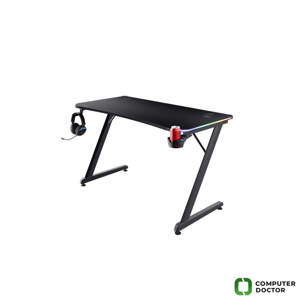 TRUST GXT709 Luminus RGB Gaming Desk Black - Cup holder, W: 1200 mm, H: 740 mm, D: 600 mm