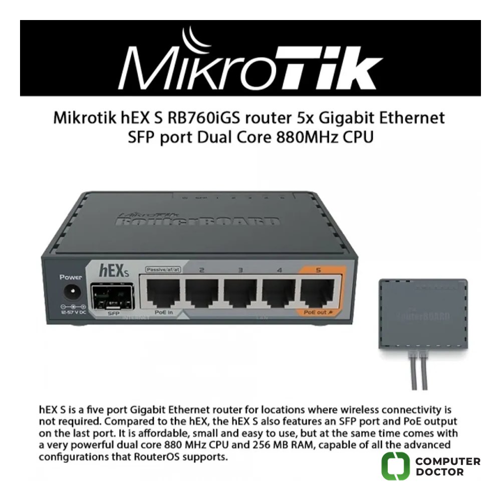Mikrotik Router hEX S (RB760iGS) 5x Gigabit Ethernet, SFP, Dual Core 880MHz CPU, 256MB RAM, USB, microSD, RouterOS L4, IPsec hardware encryption support and The Dude server package