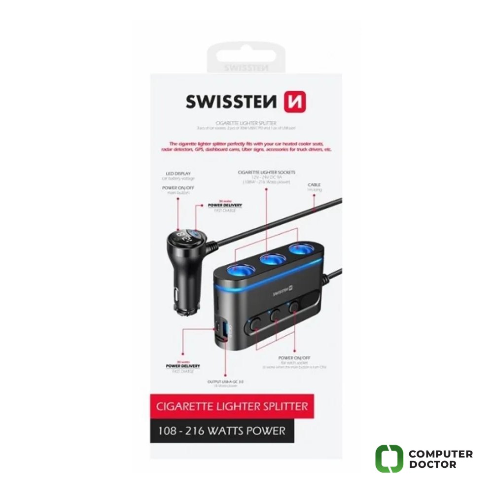 Swissten Car charger adapter, cigarette lighter 3x CL, 2x USB-C PD, 1x USB-A QA (108W- 216W)