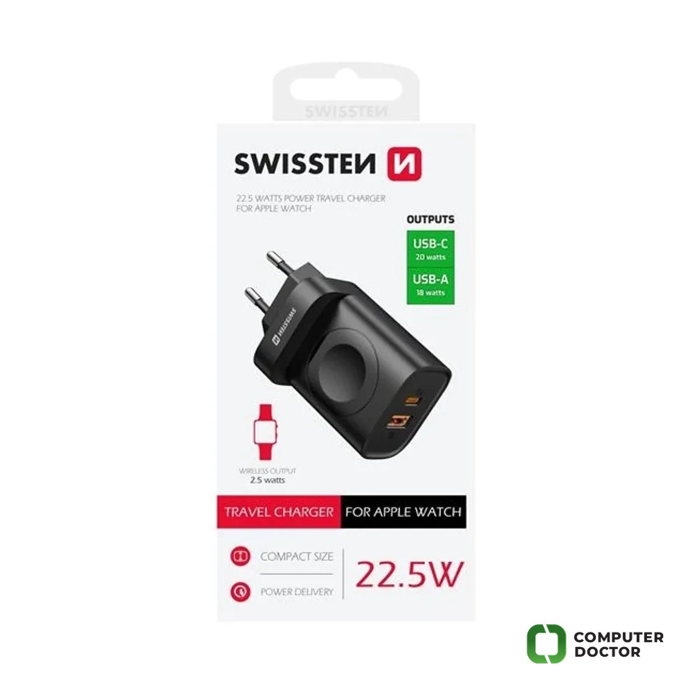 Swissten Travel charger 1xUSB-A, 1xUSB-C and Apple watch, 22.5W