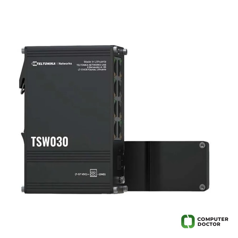 Teltonika Switch TSW030, 8x 10/100 Mbps RJ45 ports, IP30, unmanaged, plug-and-play, integrated DIN rail mounting, wall mounting, industrial design