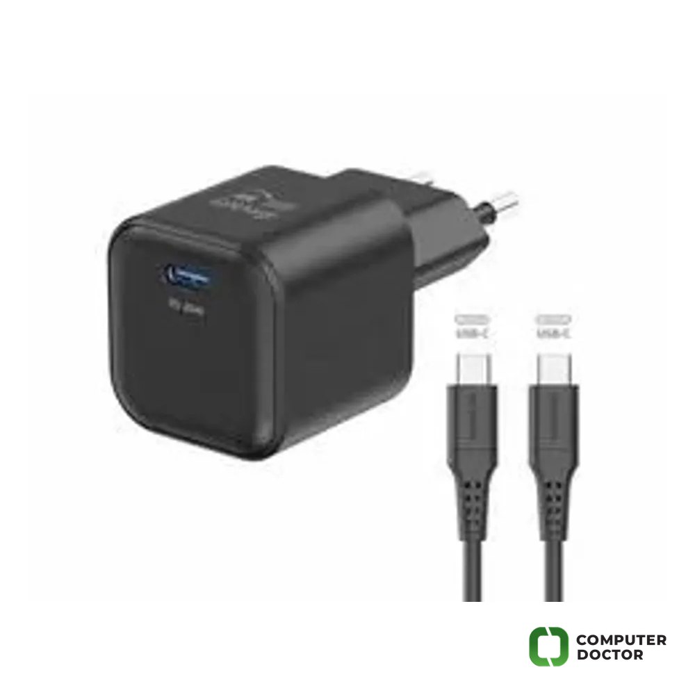 Swissten Travel charger GaN 1x USB-C 20W PD white, data cable USB-C/USB-C 1.2, black
