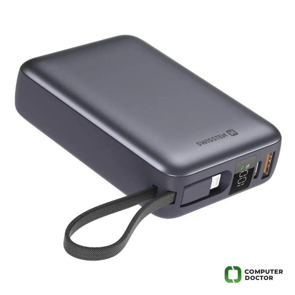 Swissten Power bank 20000 mAh with built-in cables USB-C and Lightning Space silver