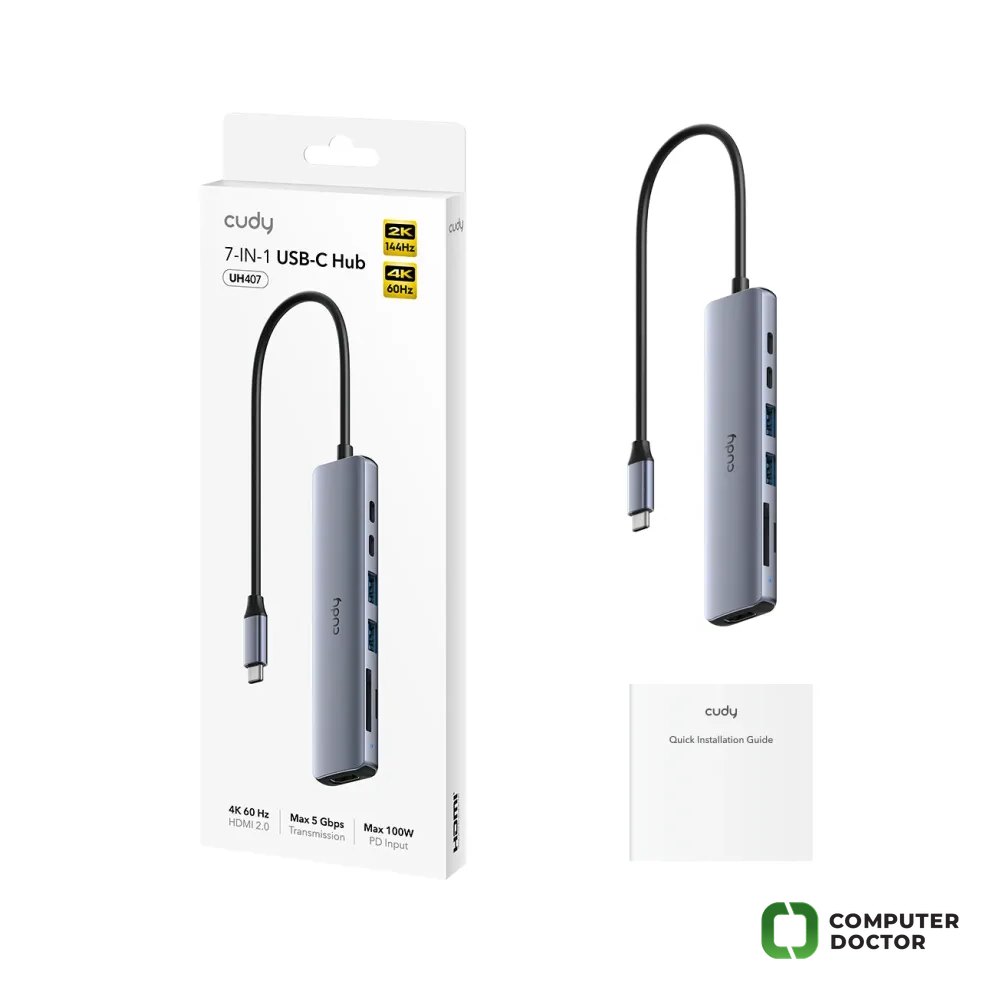CUDY HUB 7-in-1 1x HDMI 4K, 1x USB Type-C PC 100W, 1x USB Type-C, 2x USB A 3.2, 1x FT slot, 1x SDXC slot