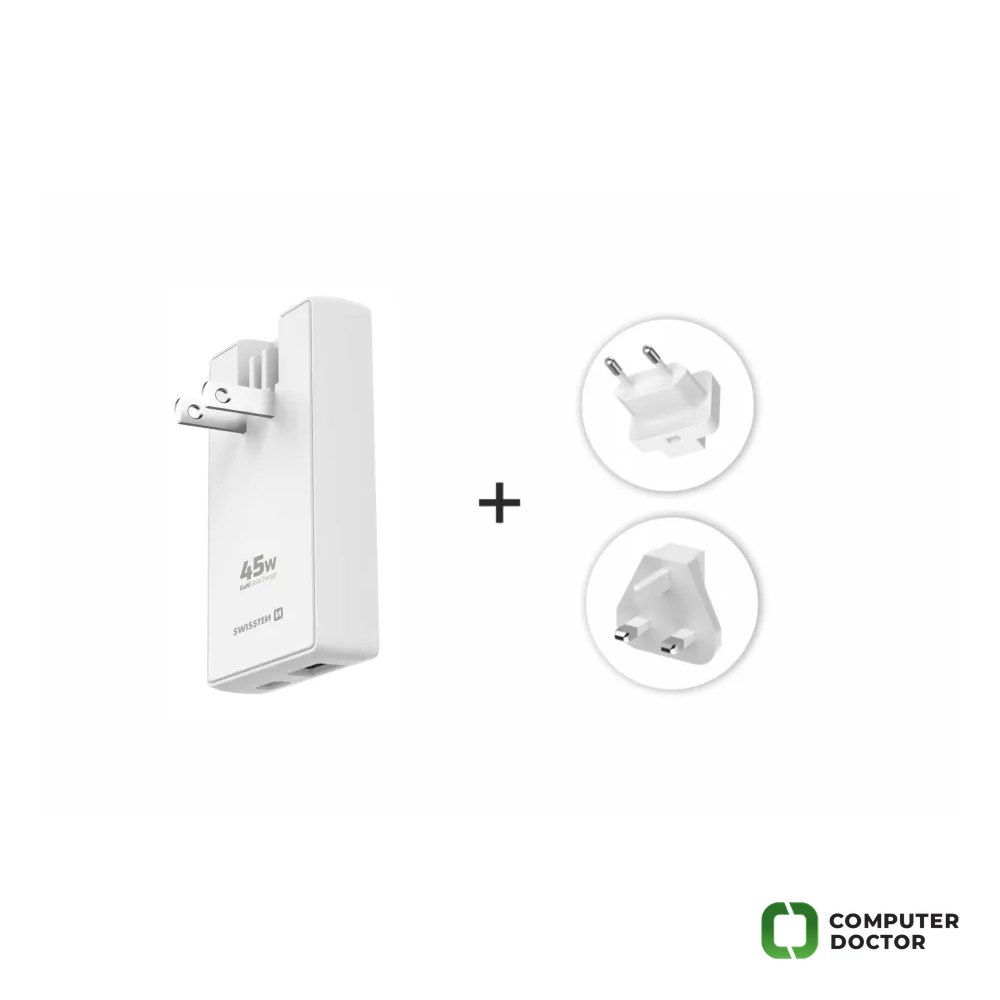 Swissten Travel Power Adapter GaN USB-C + USB-A, 45 W, US, EU, UK, white