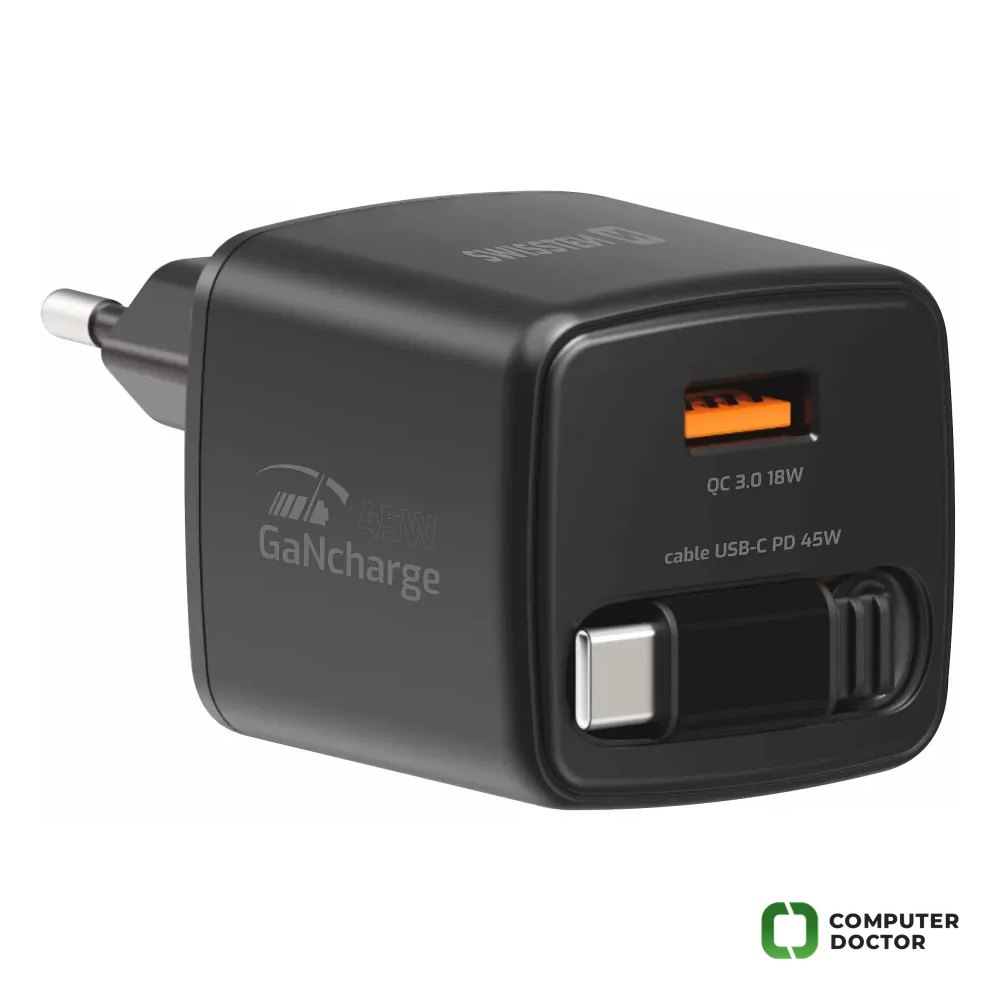 Swissten SWISSTEN TRAVEL CHARGER SlideCHARGE GAN 45W, 1× USB-A 18W WITH RETRACTABLE 0.75 M USB-C CABLE BLACK