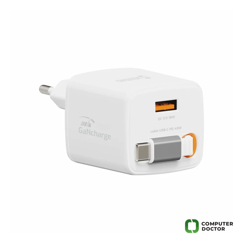 Swissten SWISSTEN TRAVEL CHARGER SlideCHARGE GAN 45W, 1× USB-A 18W WITH RETRACTABLE 0.75 M USB-C CABLE WHITE