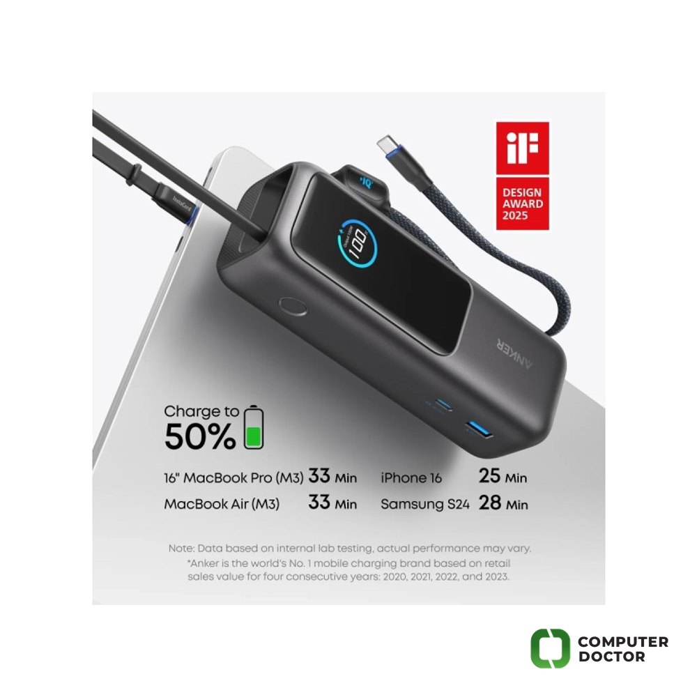 25000mAh, 165W, sa ugrađenim USB-C kablom na izvlačenje, Power Bank za laptop srebrni