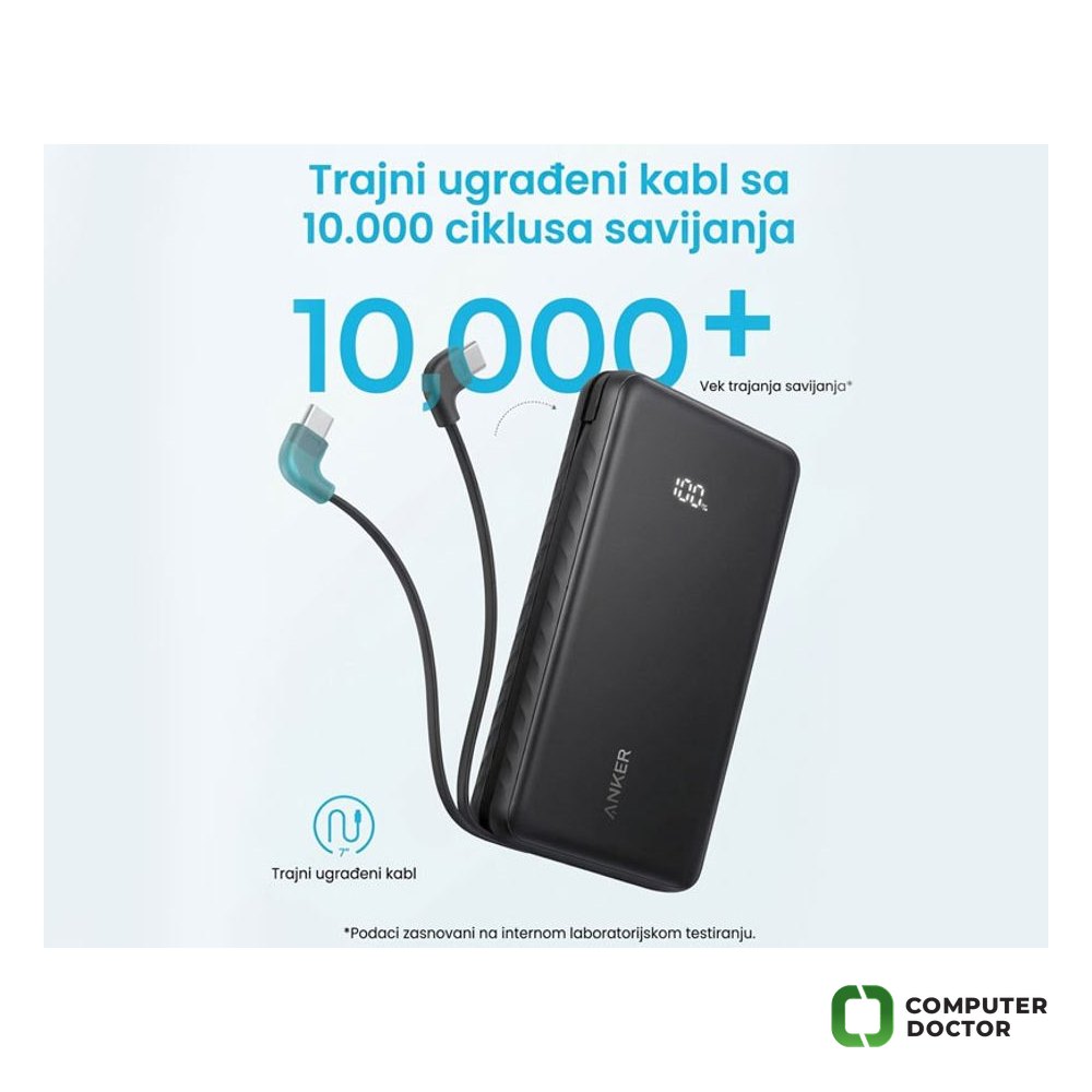 Zolo 20000mAh, 22.5W, sa ugrađenim USB-C kablom, Power Bank crni